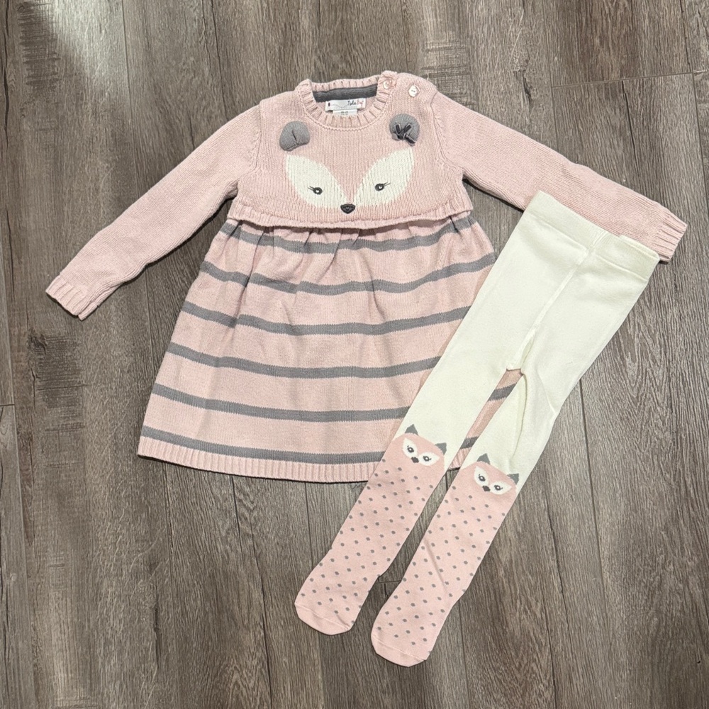 Cute Pink and Grey Fox Dress Set with Tights